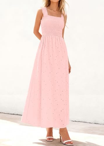 Image of KIRUNDO Summer Lace Dress for Women Eyelet Maxi Sundress | Boho Sleeveless Cotton Flowy Long Dresses, Wedding Guest, Beach Vacation, Baby Shower Guest Dress, Smocked Bust, With Pockets