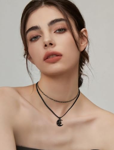 Gothic Layered Necklace Black Crescent Moon Choker Necklaces for Women Goth Choker Witch Necklace Witch jewelry Gothic Jewelry Gift for Women3
