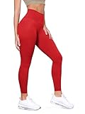 ODODOS Tummy Control 7/8 Compression Leggings with Inner Pocket for Women, 25' High Waist Workout Running Yoga Pants, Red, Large
