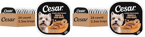 Image of Cesar Classic Loaf in Sauce Adult Wet Dog Food Chicken and Liver Recipe, Wet Food for Dogs, 3.5 oz Easy Peel Trays, 24 Count (Pack of 2)