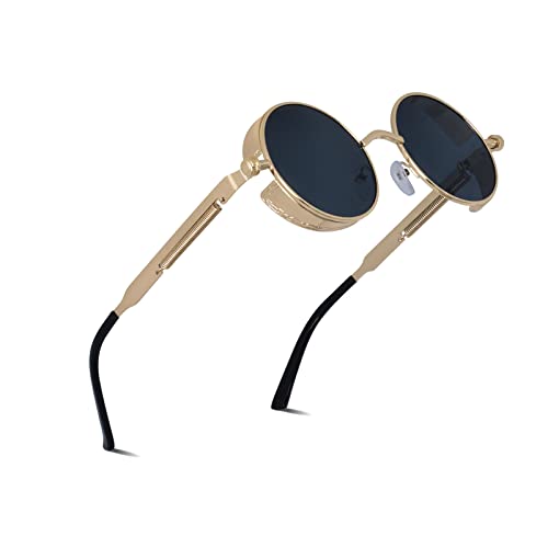 besbomig Lunettes de Soleil Homme Femme Polarisée Steampunk Lunette et Accessoires Vintage Ronde Cadre Métallique UV400 Protection
