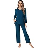 NACHILA Women's Pajamas -Viscose Made from Bamboo, Long Sleeve Pajama Set Soft Pants Sleepwear Crew Neck Pj with Pockets Ink Blue XL