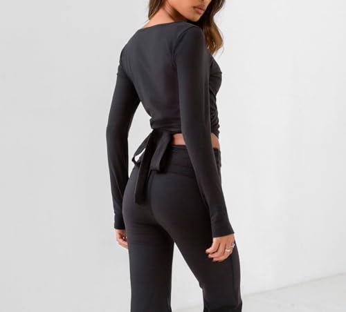 Meihuida Women Wrap Top Long Sleeve Deep V Neck Tie Workout Ballet Pilates Yoga Shirt with Thumb Holes4