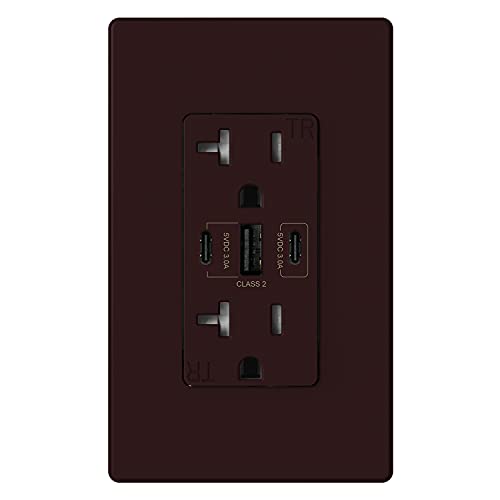 Image of ELEGRP USB Outlets, 30W 6.0 Amp USB C Outlets Receptacles, 3-Port USB Wall Outlet, 20 Amp Tamper-Resistant Outlet with 2 USB C Ports, UL Listed, Screwless Wall Plate Included, 1 Pack, Matte Brown
