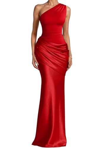 Memoriesea Womens Sexy One Shoulder Asymmetrical Pleated Formal Evening Gown Maxi Dress Red