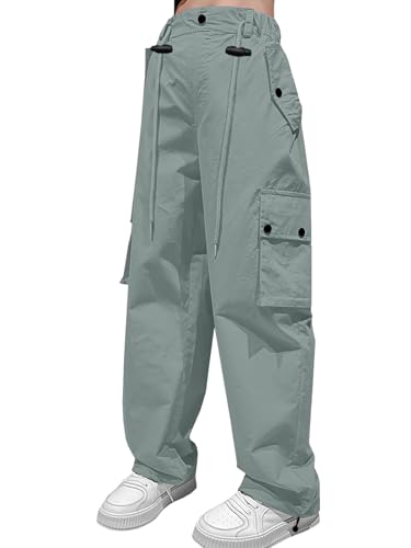 Image of HENGAO Girls Cargo Pants Parachute Casual Jogger Y2K 5-14 Years | Kids Baggy pants Parachute, Drawstring, with Pockets, Elastic High Waist, Loose Trousers Streetwear