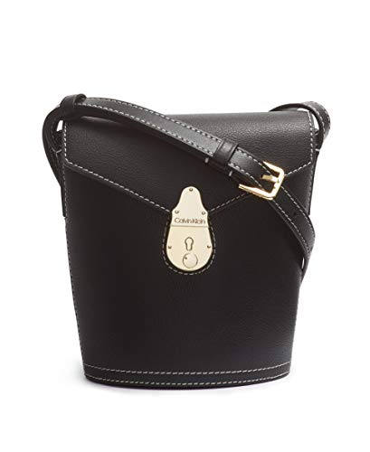 Calvin Klein Statement Series Lock Daytonna Leather Mini Bucket Crossbody Bag, Midnight Black