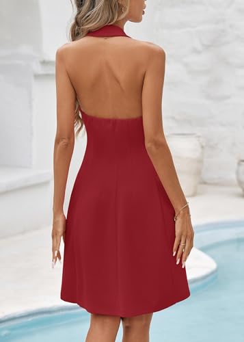 Lazysmile Summer Dresses for Women Sleeveless Halter Lapel V Neck Backless A Line Formal Cocktail Party Short Dress Red — view 2