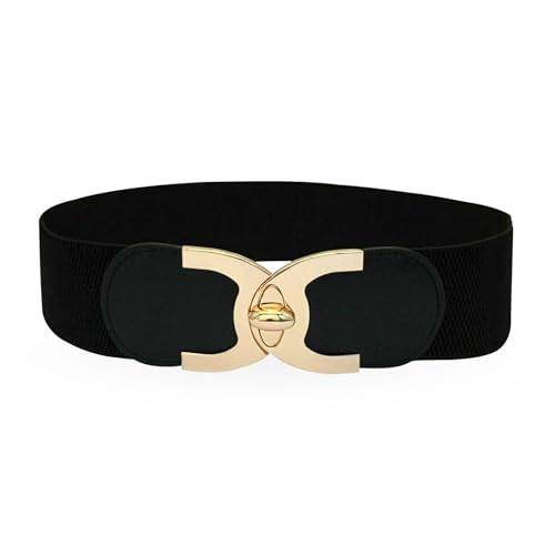 FATASH Women Wide Elastic Vintage Waist Belt | Stretchy Leather Cinch Waistband with Gold Metal Interlock Buckle | Fashion Retro Ladies Belt for Dresses & Costumes | Elasticated Waist Accessory Black