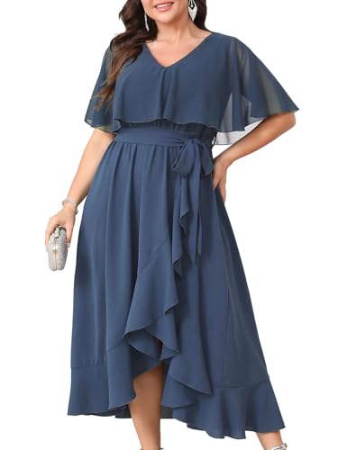Image of Women Plus Size Long Formal Dress Short Sleeve Chiffon Ruffle V Neck High Low Split Wedding Guest Maxi Dresses