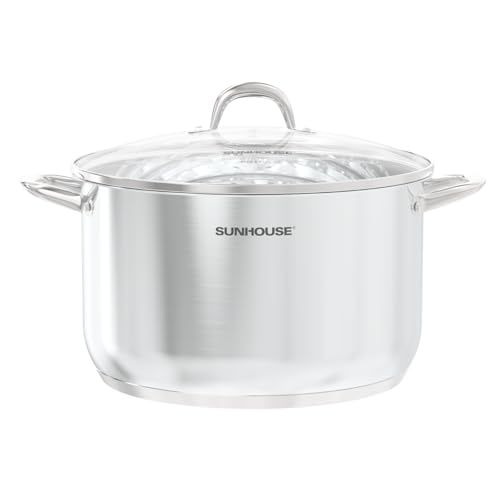 SUNHOUSE Stainless Steel Stock Pot - 16 Quart Heavy-Duty Induction Cooking Pot with Visible Lid for Pasta, Soup, Spaghetti - Nonstick Thick-Bottom Deep Stockpot for Canning, Boiling, and Simmering