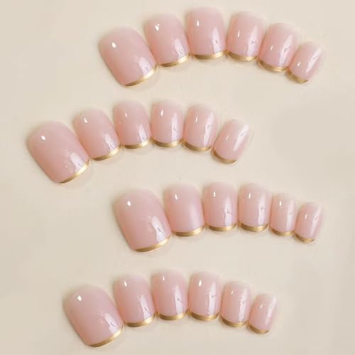 Image of Gold French Tip Press on Nails Short Fake Nails with Design Square Acrylic Glue on Nails Glossy Full Cover Nude Stick on Nail Reusable Artificial Squoval False Nail for Women Girls Manicure 24pcs