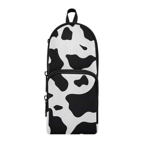 Image of Black Cow Skin Pencil Case Big Capacity Pen Bag with Compartment Students Schoolbag Shape Stationery Organizer Pencil Pouch Marker Case for School Office Work