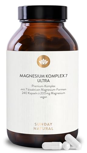 SUNDAY NATURAL® Magnesium Komplex – 240 Kapseln - 400mg pro Tag - aus 7 Verbindungen: Magnesium Bisglycinat, Citrat, Malat, Laktat, Ascorbat, Oxid, Lysinat - Vegan, laborgeprüft
