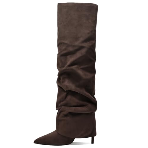 Image of Women's Knee High Boots Fold Over High Heel Pointed Toe Black White Long Boots Women Dress Tall Boots for Women
