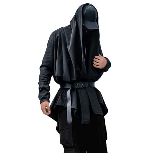 Mens Streetwear Long Hooded Cardigan with Ruffle Shawl Collar, Open Front, Lightweight Drape Cape and Belt,Samurai Cosplay2