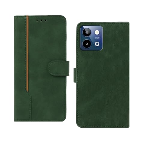 Image of amazon basics Lava Storm Lite 5G Flip Cover | Card Pockets Wallet & Stand | Flip Cover for Lava Storm Lite 5G (Green with Beige Strip)