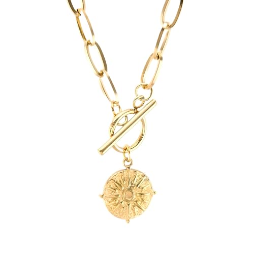 14K Yellow Gold Star Toggle Necklace - 925 Sterling Silver Toggle Necklace For Women - Sun Coin Toggle Necklaces - Minimalist Toggle Choker Necklace With Chain