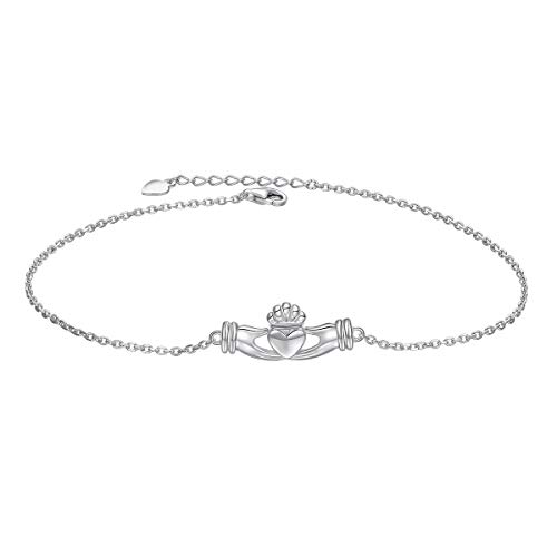 Flyow S925 Sterling Silver Adjustable Foot Chain Claddagh Ankle Bracelet Anklet Jewelry For Women Girl Birthday Gift Love Gift (Claddagh) #TOP8