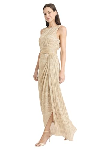 Maggy London Women's Textured Metallic Pleated Formal Maxi Dress with Wrapped Waistband and Side Slit-Sleeveless Evening Gown2