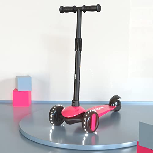 Image of Baybee Alpha Kick Scooter for Kids, Smart 3 Wheel Kids Scooter with 4 Height Adjustable Handle, Runner Scooters with Led PU Wheels & Brake, Skate Scooters for Kid 3 to 10 Years Boys Girls (Pink)
