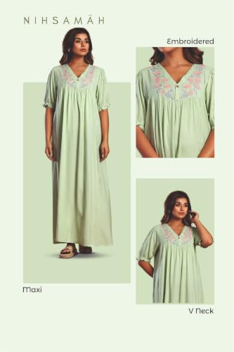 Image of NIHSAMAH Viscose Nighty for Women, Embroidered & Printed Stylish Night Gown, Long Sleeve Comfortable Sleepwear Long Nightwear, Maxi