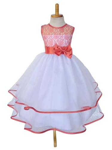 Sleeveless Lace Bias Keyhole 2 Layer White Tulle Birthday Flower Girl Gown Wedding