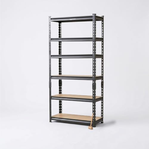 Image of Amazon Basics 6-Tier Storage Rack | Bolt-Free Assembly | Metal Stand & Thick MDF Board | 175kg Capacity Per Shelf | 72H x 24W x 12D inch Adjustable Shelf Rack for Home, Garage & Shop | Black