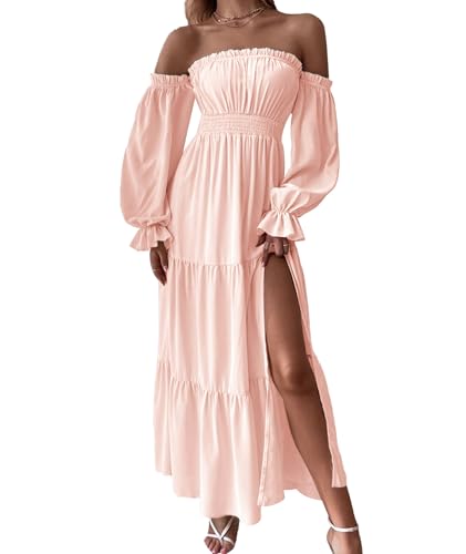 Image of ECDAHICC Women's Boho Sexy Off Shoulder Long Sleeve Maxi Dress High Waist Side Split A Line Tiered Long Dresses