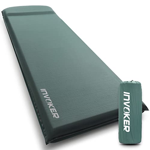 INVOKER Self Inflating Memory Foam Camping Sleeping Mat – Pad with Built in Pillow, Green, 196x70x8cm, 2kg, Waterproof, 150kg Weight Capacity, Rapid Inflation, Plush, Camper