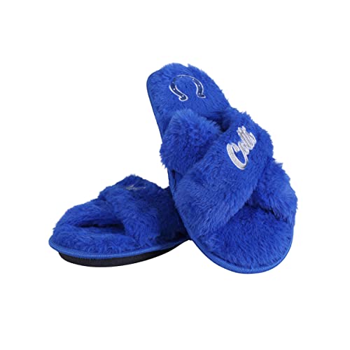 Image of FOCO Womens NFL Team Script Wordmark Fuzzy Cross Slide Slippers