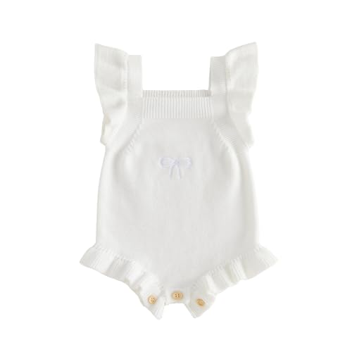 Image of KtwHarnu Newborn Baby Girl Clothes Bow Embroidery Romper Sleeveless Knit Romper Jumpsuit Sweater Bodysuit One-Piece Outfit