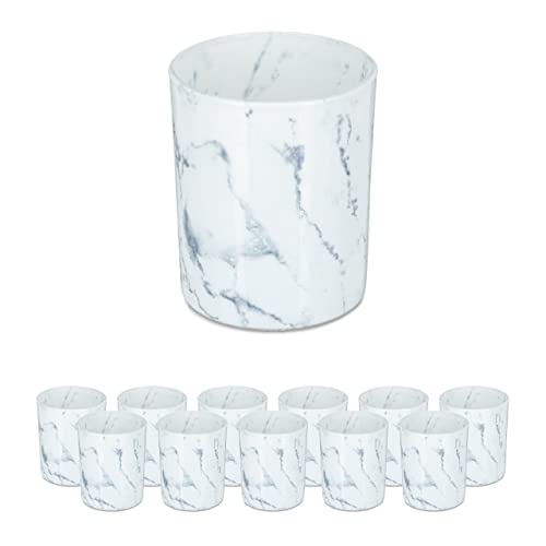 Relaxdays Lot de 12 photophores en Verre pour Bougies Chauffe-Plat, Aspect marbre élégant, H x D : 8,5 x 7 cm, Blanc