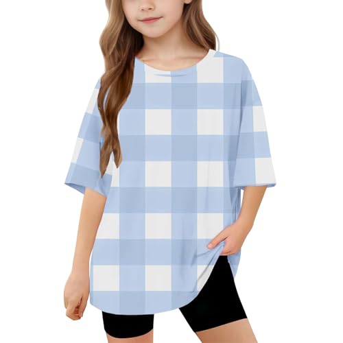 Short Sleeve T Shirts for Girls Trendy Plaid Summer Oversized Tops Casual Crewneck Basic Tees for 5-15 Years