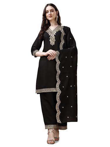 Image of Pratham Blue Kurta Set for Women Silk Embroidered Straight Kurta Set for Women with Palazzos and Dupatta