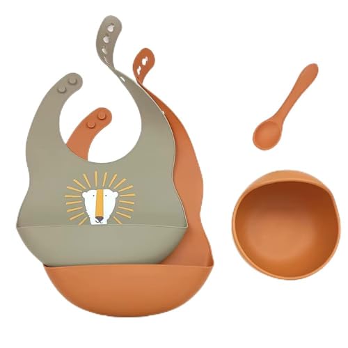 Waterproof Sage lion Bib Toddler Silicone Baby Feeding Set with bowl and spoon