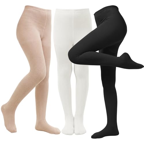 Image of Zando 3Pack Girls Tights Kids Cable Knit Cotton Winter Warm Leggings 4-12T | Footed Seamless Stockings for Girls, School Uniform and Daily Skirt Wear. Thick Warm Fabric with High Stretch