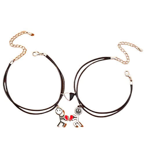 Couple Bracelets Magnetic for him and her, Matching Bracelet Gift for Men Women Husband Wife Couples Boyfriend Girlfriend Lover Best Friend His Her Beads, Metal, Stainless, Steel, Leather, Strip, Rope (Stickman Silver Black Heart Magnet)