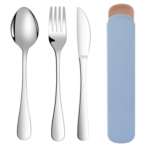 ABOHU Campingbestick med etui, 3-delat resebestickset i rostfritt stål, med sked, kniv och gaffel, campingbestick för resor, arbete, skola, diskmaskinssäker