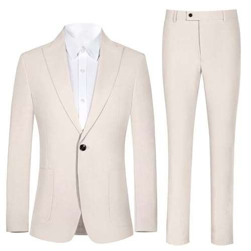 Mens Linen Suit 2 Piece Casual Suits for Men Summer Beach Groom Wedding Suit Linen Blazer Pants Set4