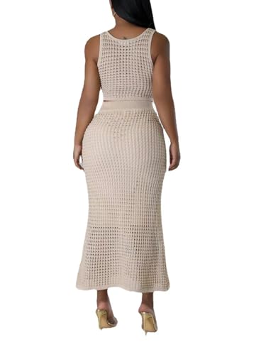 Image of Women Plus Two-Piece Skirt Set Tassel Fishing Net Knittin Hollow Out Off Shoulder Beach Dresses Swimsuit Cover Ups