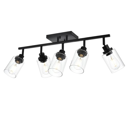 Wanluce 5-Light Track Lighting Kit Black Track Lighting Fixtures Bathroom Wall Sconces Ceiling Mount Kitchen Tracking Lights, Rotatable Spotlight with Clear Glass Shade for Kitchen Shop Hallway