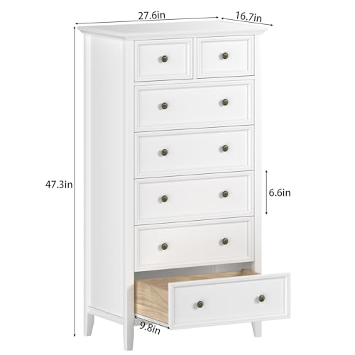 IKENO White 7 Drawer Tall Dresser for Bedroom, Tall Solid Wood Large Storage Cabinet, Modern Simple White Tall Chest of Drawer, 7 Drawer Cabinet Dresser for Bedroom Living Room Hallway Entryway