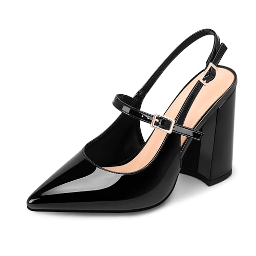 Women's Chunky High Heel Pumps Pointed Toe Slingback Buckle Strap Patent Leather Dress Shoes