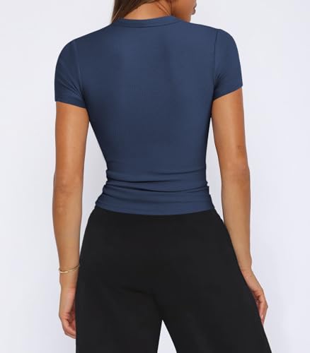 Womens Crew Neck Ribbed Skim Short Sleeve Fitted T Shirts Casual Basic Tight Tees Stretchy Tops for Women2