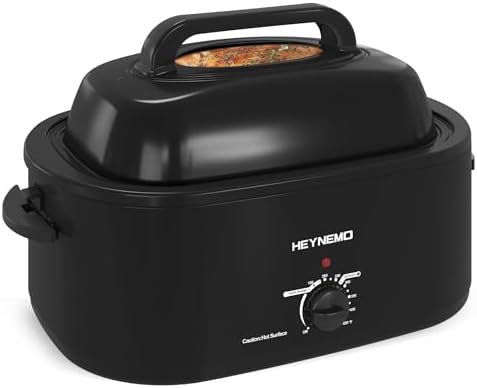 HEYNEMO 22Qt Electric Roaster Oven, Turkey Roaster Electric, Roaster Oven Buffet, Selfbasting Lid, Removable Pan, Full-Range Temperature Control Cool-Touch Handles, Black, Turkey Roaster