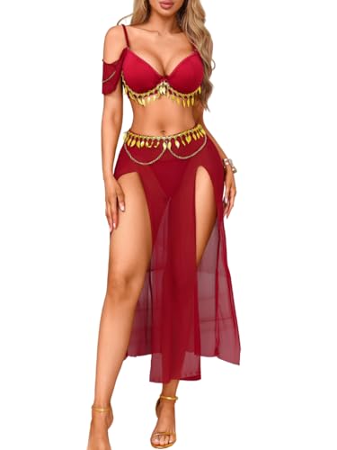 ShawGobow Sheer Belly Dancer Outfit Sequin High Split Sexy Costume 3 Piece Mesh Skirt Lingerie Exotic Dancewear Burgundy Medium