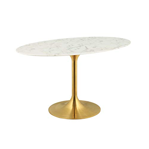 Image of Modway Lippa 54 inch Oval-Shaped Mid-Century Modern Dining Table with Artificial Marble Top and Gold Base