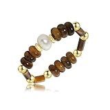 SIXFOX Healing Stone Ring - Natural Freshwater Pearl Boho Tiger Eye Stone Ring for Women - Trendy Anxiety Adjustable Beads Stackable Gift