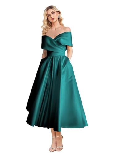 Image of Women's Off Shoulder Wedding Dress for Bride Tea Length A Line Satin Formal Prom Dresses with Pockets